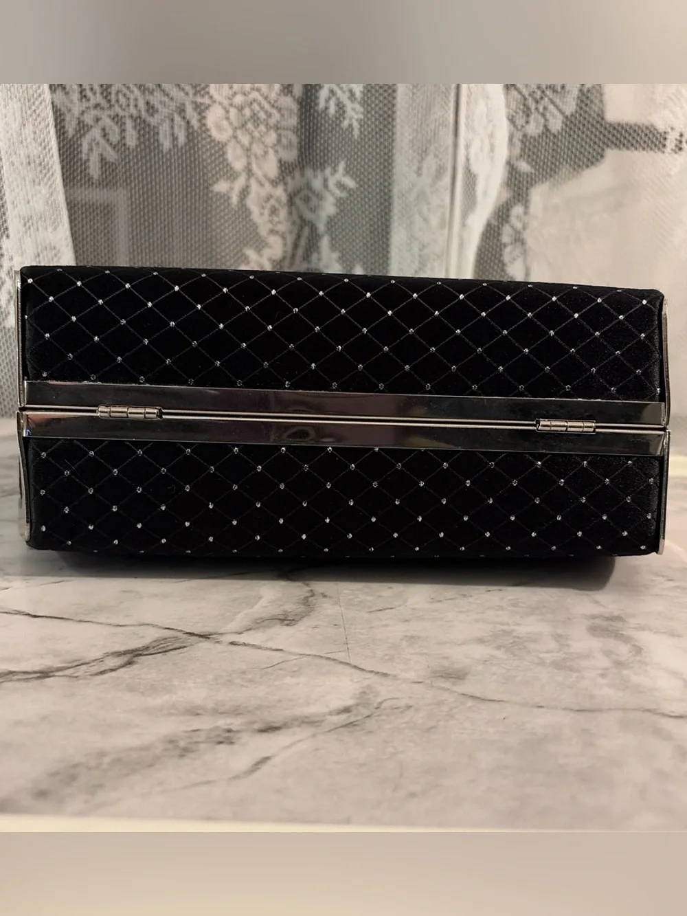 Black Satin Evening Clutch Bag with Silver Accents